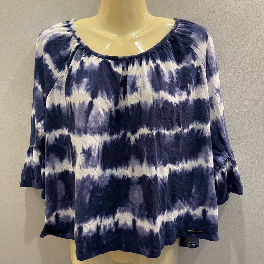 Michael Kors Women's Large Blue Tie Dyed Angel Sleeves Top Blue and White